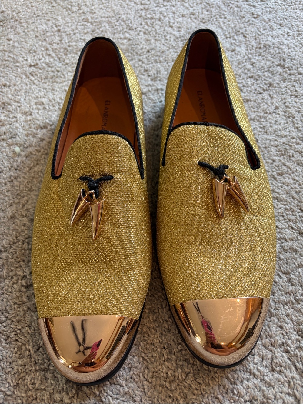 ELANROMAN Luxury Dress Loafers Metallic Gold Tassel Shiny Gold Toe Size 46/12